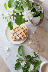 A bouquet of branches of a blossoming apple tree stands in a white vase on the table. Viennese waffles on a plate. Coffee in a white cup. Flatlay