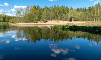 Fototapeta premium spring landscape with a river, in the waters of which clouds are reflected, the river banks are covered with trees, the first spring greenery in nature