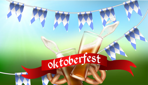 Realistic advertisement template splash of foam and beer from a glass cup, Bretzel, Bavarian flag, national German tradition, on beatiful blured background Oktoberfest stock illustration.