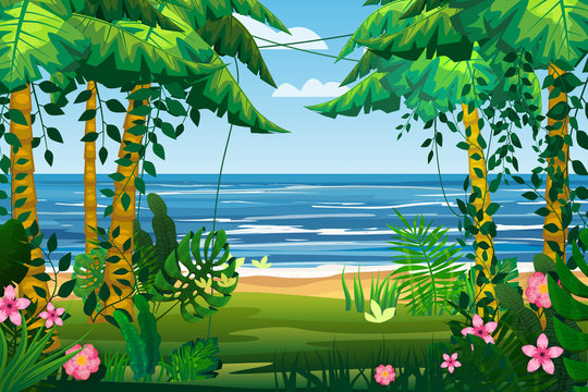 Tropical island sea ocean exotic jungle, palm trees flora, flowers, beach, surf. landscape