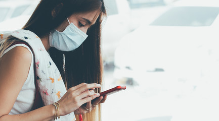 lady protecting herself from viruses while wearing special mask,concept health and COVID-19