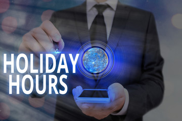 Word writing text Holiday Hours. Business photo showcasing employee receives twice their normal pay...