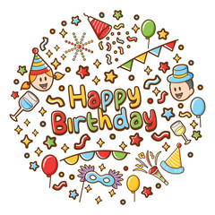 happy birthday icons with lettering backgound