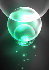 Glowing neon shiny transparent bubbles, glass circles or bio cell concept. Techno futuristic vector abstract background For Wallpaper, Banner, Background, Card, Book Illustration, landing page