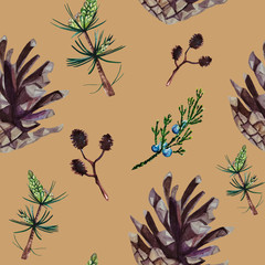Watercolor seamless pattern, consisting of pine, juniper, alder branches and pine cones on brown background. Watercolor hand painted conifer pattern for design, print or background