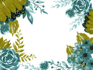 watercolor splash elegant vintage garden botanical blue green gold flower template card hand