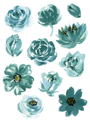 watercolor splash elegant vintage garden botanical blue green gold flower hand painted