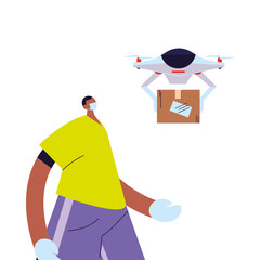 man receiving package with safety precautions, face mask and gloves