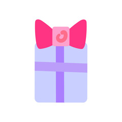 Gift lilac box with pink bow and violet ribbon in flat style on a white background. Gift promotion design, sticker for letter to customer, gift icon, birthday, holiday. A symbol of gift and surprise