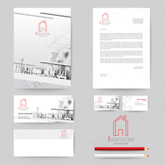 Corporate identity template design with blueprint background. Business realestate.