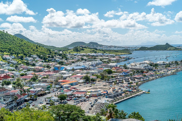 The Caribbean island of French Saint Martin. Overlooking the city of Marigot. 