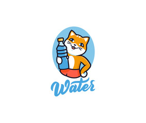 The kitty with bottle water, logo. Logotype cat with lettering