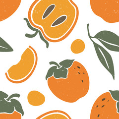 Cute persimmon seamless pattern. Ripe persimmon, persimmon lobules and leaves on white background. Vector shabby hand drawn illustration