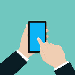Businessman holding smart phone or mobile phone and touching the screen. Technology and communication concept