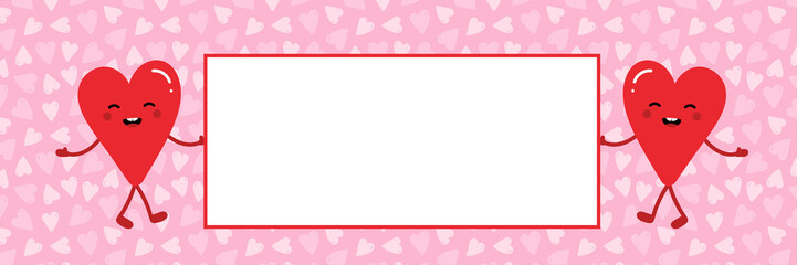 Couple of cute cartoon heart characters holding blank, empty card. Valentines Day card. Romantic red hearts illustration template.
