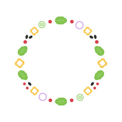 Vector round frame with vegetables for salad, green leaves, pepper, cherry tomato, olive, onion, cucumber.
