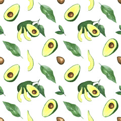 Fototapeta premium Watercolor pattern with fresh avocado on white background. Easy to do other background