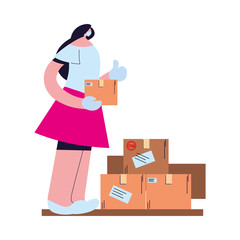 woman with face mask, gloves and shipping packages