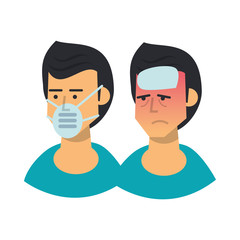 group of men sick with symptoms and use medical mask