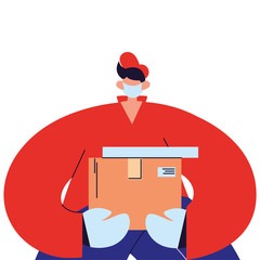 Courier with mask, gloves and packages to deliver