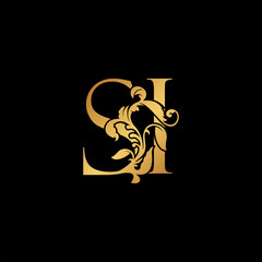 Golden Letter S and I, SI luxury Initial logo icon, gold vintage design template with tropical nature leaves ornament.