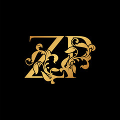 Golden Letter Z and P, ZP luxury Initial logo icon, gold vintage design template with tropical nature leaves ornament.
