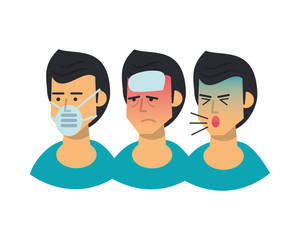 group of men sick with symptoms and use medical mask