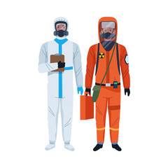 workers wearing biosafety suits characters