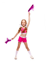 cute long-haired girl in a pink top and cheerleader clothes dancing with pompons