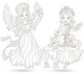 A set of contour illustrations in a stained glass style with a Princess and an angel, dark outlines isolated on a white background