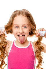 funny girl in a pink top shows tongue