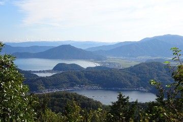 Fototapeta na wymiar 山と湖岸の町が見える絶景／Mihama-cho Fukui Prefecture, Japan