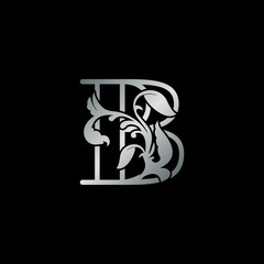 Rustic silver nature floral letter B initial logo icon luxury style vector design template for brand identity.
