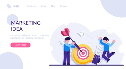 Concept of marketing idea generation, business innovation, creativity, goal achievement. People with a dart strikes a target. Modern flat vector illustration.