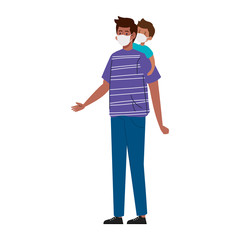 father and son wearing protective medical mask for prevent virus covid 19 vector illustration design