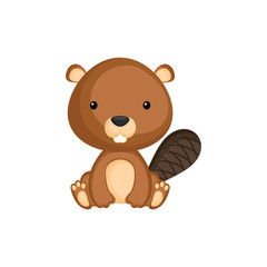 Cute funny sitting baby beaver isolated on white background. Woodland adorable animal character for design of album, scrapbook, card and invitation. Flat cartoon colorful vector illustration.