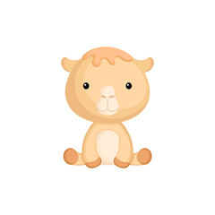 Cute funny sitting baby camel isolated on white background. Wild african adorable animal character for design of album, scrapbook, card and invitation. Flat cartoon colorful vector illustration.