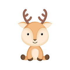 Cute funny sitting baby deer isolated on white background. Woodland adorable animal character for design of album, scrapbook, card and invitation. Flat cartoon colorful vector illustration.
