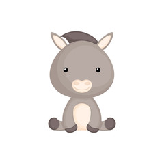 Cute funny sitting baby donkey isolated on white background. Domestic adorable animal character for design of album, scrapbook, card and invitation. Flat cartoon colorful vector illustration.