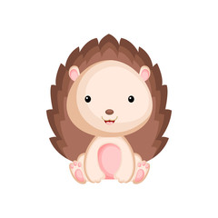 Cute funny sitting baby hedgehog isolated on white background. Woodland adorable animal character for design of album, scrapbook, card and invitation. Flat cartoon colorful vector illustration.