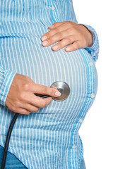 Happy pregnant girl lies on white background