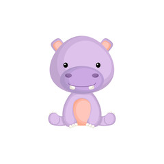Obraz na płótnie Canvas Cute funny sitting baby hippo isolated on white background. Wild african adorable animal character for design of album, scrapbook, card and invitation. Flat cartoon colorful vector illustration.