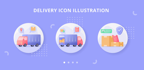 Naklejka premium Delivery icon set collection with flat style full color modern flat cartoon design with truck and shipping boxes vector