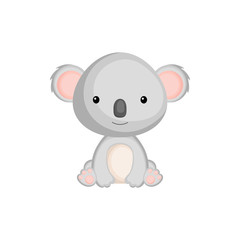 Cute funny sitting baby koala isolated on white background. Wild australian adorable animal character for design of album, scrapbook, card and invitation. Flat cartoon colorful vector illustration.