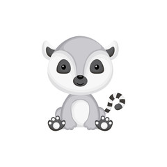 Cute funny sitting baby lemur isolated on white background. Wild adorable animal character for design of album, scrapbook, card and invitation. Flat cartoon colorful vector illustration.