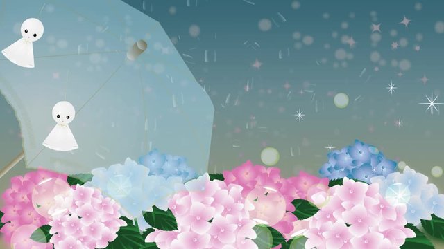 梅雨の雨降りにテルテル坊主と傘のイラスト雨上がりには虹の美しいパーティクルアニメーションバーチャル背景動画
