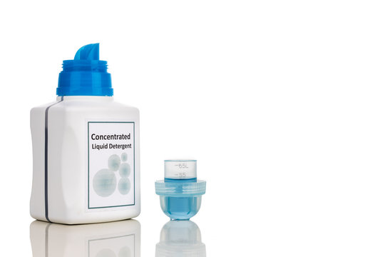 Tecnologically advanced compact concentrated laundry liquid detergent on white background