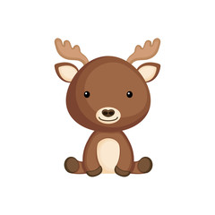 Cute funny sitting baby moose isolated on white background. Woodland adorable animal character for design of album, scrapbook, card and invitation. Flat cartoon colorful vector illustration.