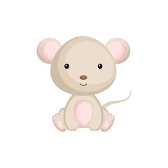 Cute funny sitting baby mouse isolated on white background. Adorable animal character for design of album, scrapbook, card and invitation. Flat cartoon colorful vector illustration.