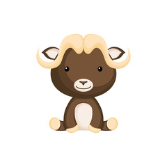Cute funny sitting baby musk ox isolated on white background. Wild arctic adorable animal character for design of album, scrapbook, card and invitation. Flat cartoon colorful vector illustration.